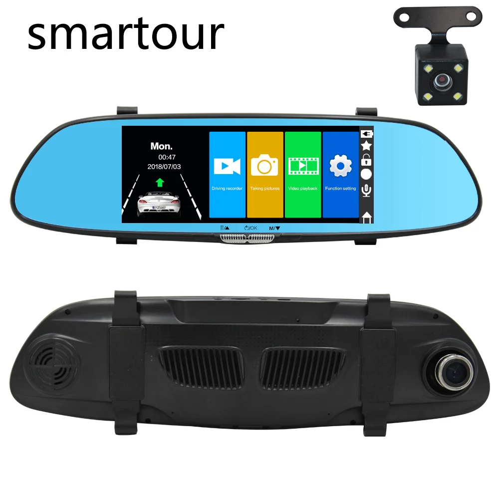 Smartour автомобиль 7 дюймов зеркало заднего вида вождения рекордер двойной объектив HD ночного видения сенсорный 1080 P реверсивная камера видео