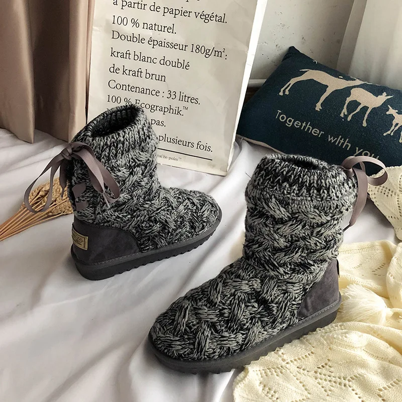 Winter2019Round-headed зимние сапоги; женские вязаные шерстяные сапоги средней длины с бархатной подошвой; нескользящая теплая хлопковая обувь
