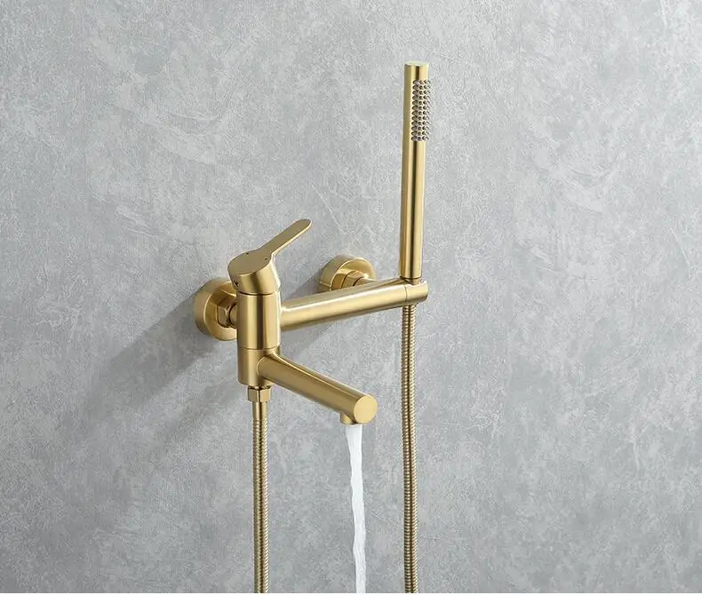 Wall Mounted Brass Bathtub Set Brush Gold Black Foldable Round Tap