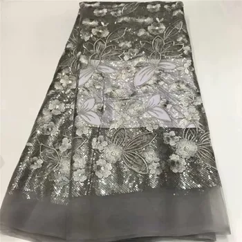 

Excellent gray African mesh lace fabric with sequins French net lace apparel material for dress ZQN275(5yards/pc)