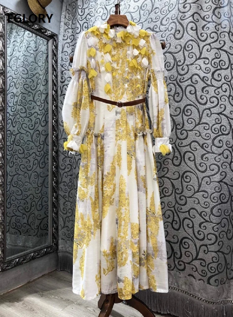 

2020 Autumn Fashion Designer Long Dress Women Yellow Prints Appliques Flowers Deco Long Sleeve Beautiful Maxi Dress for Party
