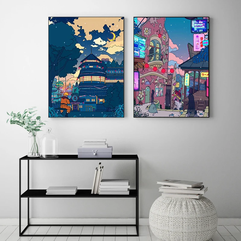 Canvas Wall Art Cartoon View Street Prints Poster Home Decoration Night Tree Manga Cute Painting For Bedroom Modular Pictures