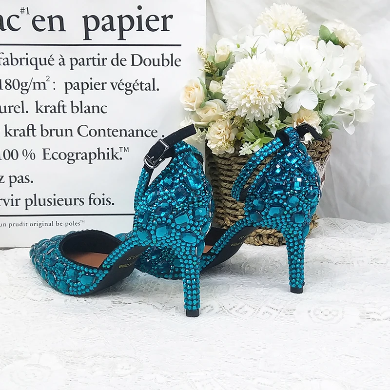 Teal Blue Women wedding shoes Woman Summer Sandals crystal ankle