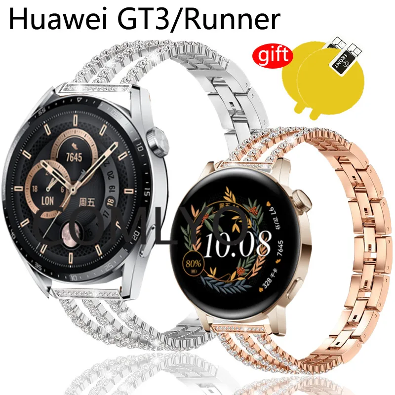 

Luxurious Stainless Steel Band For Huawei watch GT3 GT 3 42MM 46MM Runner Strap Smart Wristband Screen Protector Film