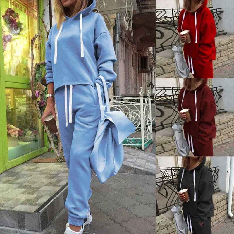 Two Piece Sport Set Women Winter Sportswear Drawstring Hoodies Sweatshirt+Pencil Gym Tracksuit Pullover New Matching | Женская одежда