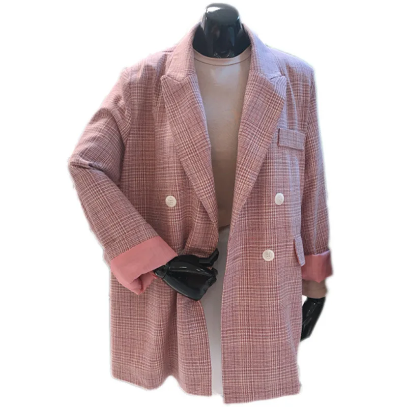 

2020 Double Row Buckle Loose Grid Small Suit Coat Women's Middle School Long Versatile Suit Autumn