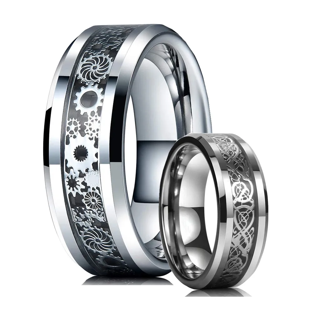 8MM Men Trendy Silver Color Punk Gear Wheel Tungsten Carbide Ring Silvery Dragon Pattern Inlay Black Carbon Fiber Ring For Women