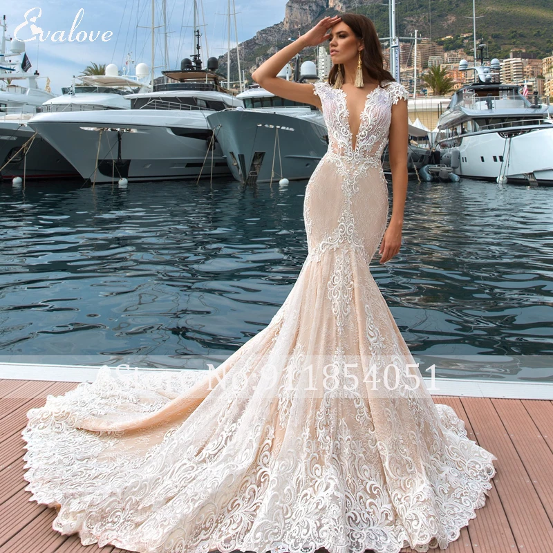 EVALOVE Romantic Deep V-Neck Illusion Back Mermaid Wedding Dress 2022 Gorgeous Cap Sleeves Appliques Lace Princess Bridal Gown wedding dresses