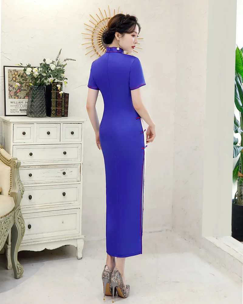 Hot Sale Traditional Chinese Women Long Dress Summer New Silk Satin Qipao Sexy Slim Printed Cheongsam Size M L XL XXL XXXL