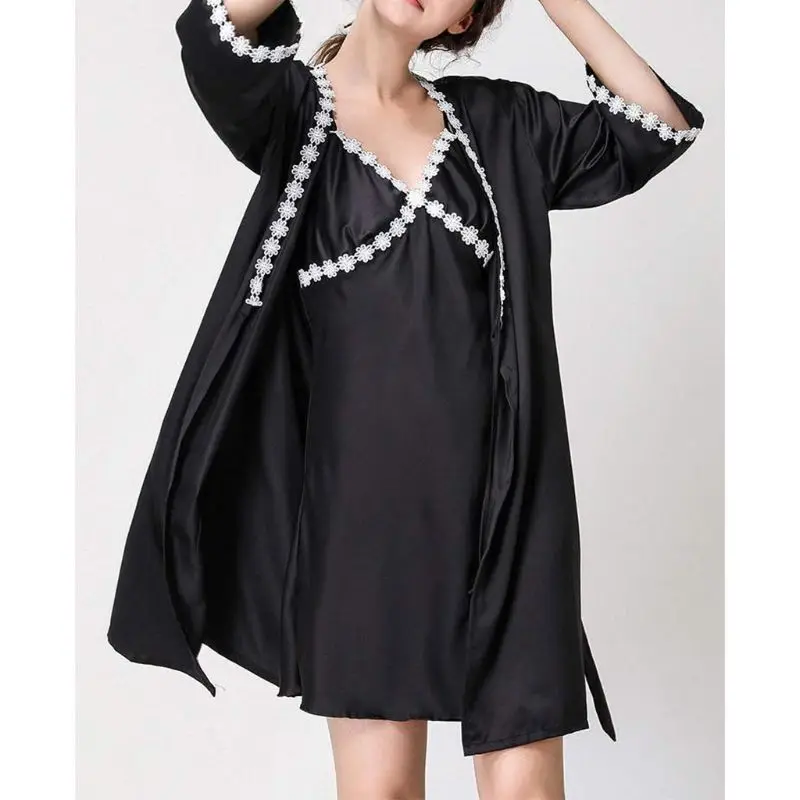 Womens Sexy Ice Silk Half Sleeve Kimono Robe Nightdress Sleepwear Set Flower Lace Pajamas Deep V-Neck Padded Camisole Nightgown