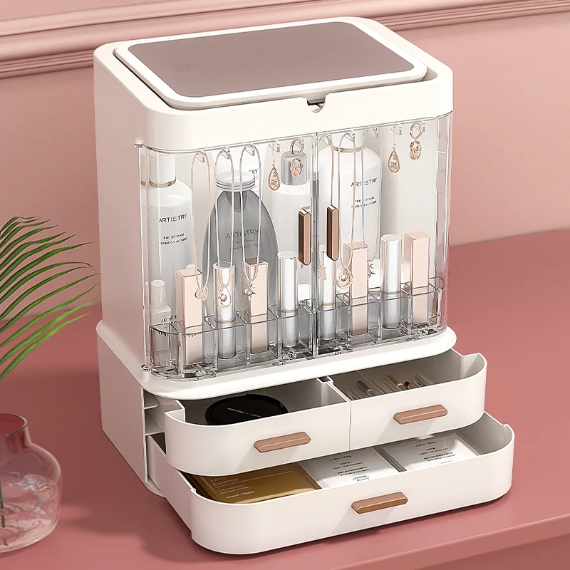 

LED Light Makeup Mirror Cosmetic Storage Jewelry Container Lipstick Showcase Drawer Skin Care Products Cabinet Organizer