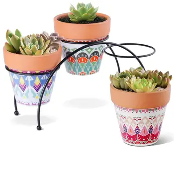 

3PCS Red Pottery Succulent Flowerpot Ceramic Flower Pot Crafts Plants Pot For Home Store With Iron Stand ( Caliber 10CM)
