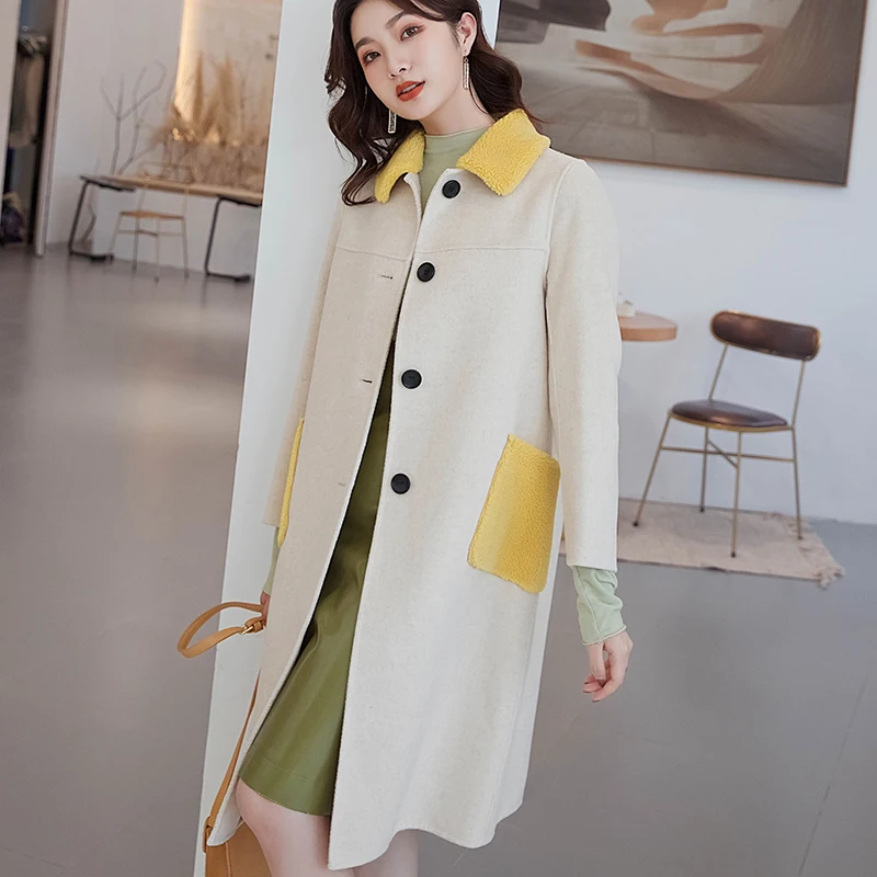 

LHZSYY 2019Autumn Winter New Women's Double-sided Woolen Coat Fashion Stitching Fur Collar Pocket Long Warm Pure Wool Thick Coat
