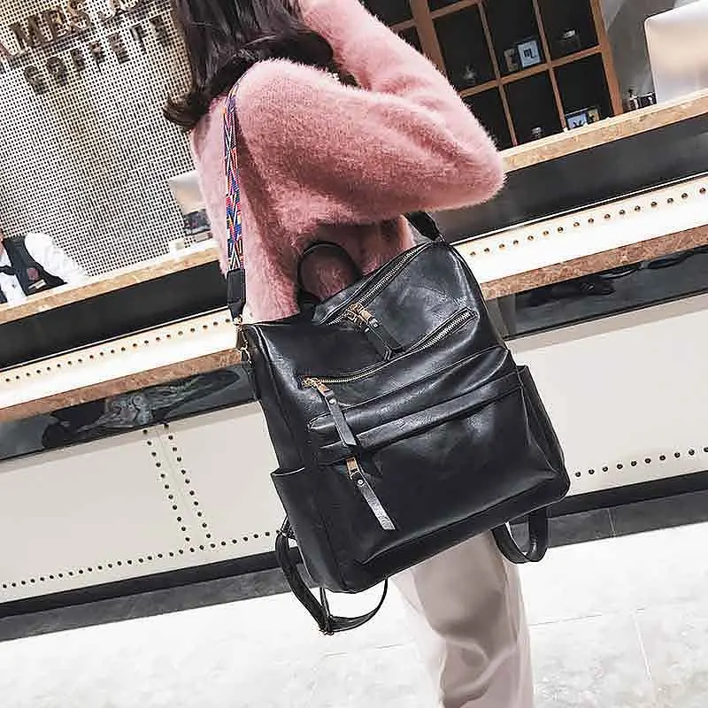ABZC-Leather Backpack Ladies Student Bag Large Backpack Multifunction Travel Retro Backpack, Black