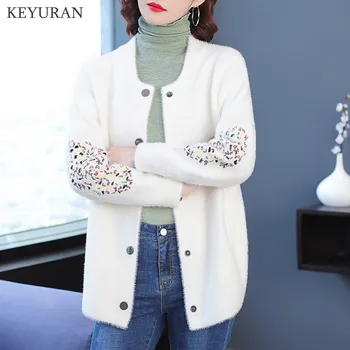 

Autumn Winter Faux Mink Fur Jacket Women Cardigan Fashion Floral Embroidery Knitting Sweater Women Loose Soft Sweaters Outerwear