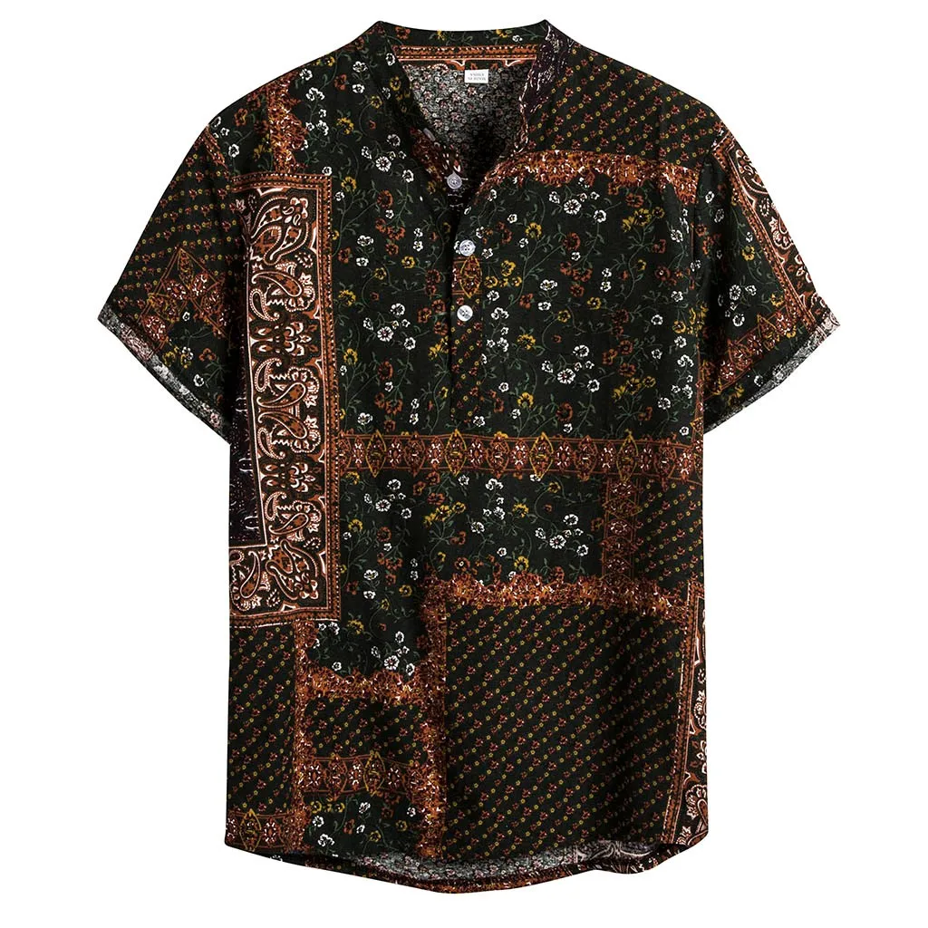 KLV мужские этнические короткий рукав Повседневная хлопковая льняной с принтом гавайская рубашка Блузка camisa masculina manga longa koszula erkek 9816