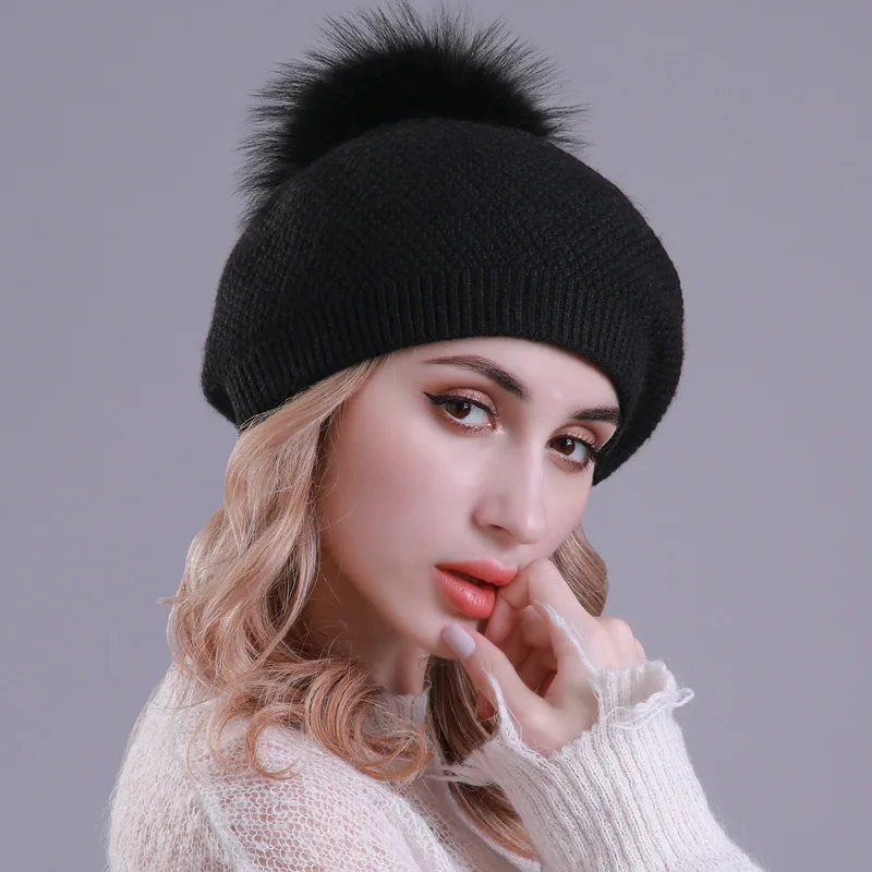 Black Fur Ball Women Winter Berets Vintage Wool Knitted Hats With Raccoon Pom Pom Female New British Style Beanie Lady Girl Bonnet Hat - Цвет: Black Fur Ball