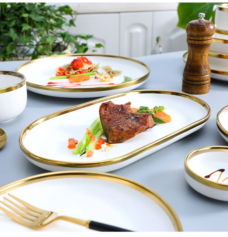 Gilt Rim Quality Ceramic Dinner Plate Set Porcelain Main Dish Serving Tray Dessert Salad Dishes Service For Restaurant Home