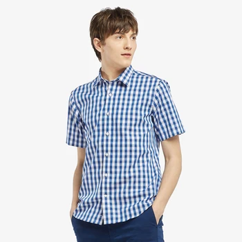 

Blue Grid Shirt Male Short Sleeve Summer Thin Section Slim Fit Trend Pure Cotton Free Hot Shirt Chao