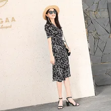 Rouje/летнее, французское, неосновное, классическое, с принтом веток и листьев, на шнуровке, платье с запахом, платье средней длины с разрезом, юбка-пачка