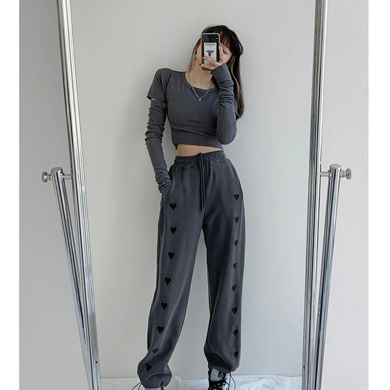 Women Casual Loose Heart Print Streetwear Sweatpants Femme High Waist Harajuku Trousers Wide Leg Sport Jogger Harem Pants