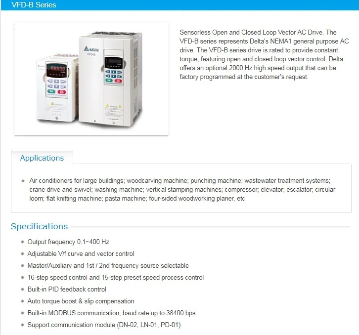Delta VFD015B43A VFD-B VFD преобразователь частоты 1.5kw 2HP 3 фазы 380 В 400 Гц общий векторный Тип