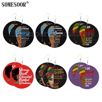 

SOMESOOR Printed Headwrap Melanin HBCU Queen African Wooden Drop Earrings 5 Stars Black History Woman Design For Lady Gifts