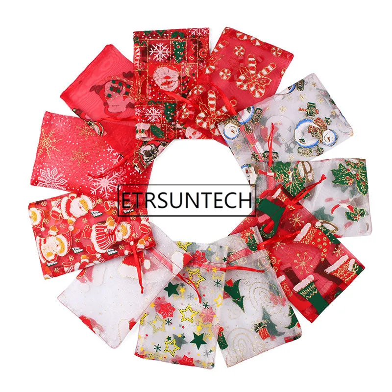 

500pcs Christmas Organza Bag Drawstring Pouches Gauze Yarn Candy Bag Jewelry Packaging Bags Xmas Decoration