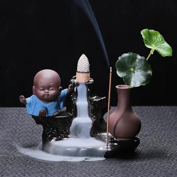 

Ceramic Backflow Buddha Incense Burner Waterfall Little Monk Incense Censer Home Decor Aroma Furnace + 20pcs Incense Cones