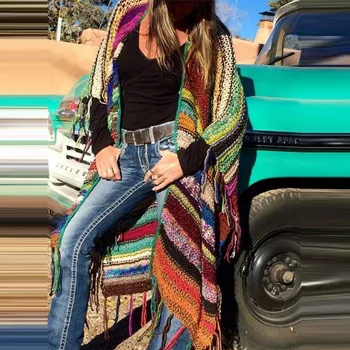 

New Female Winter Coat Warm Women Multicolor Print Ethnic Wind Knit Cardard Bat Sleeve Tassel Female Coat Outwear #1030