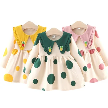 

Spring and autumn new girls bottoming shirt female baby doll collar pineapple print children long-sleeved princess dress