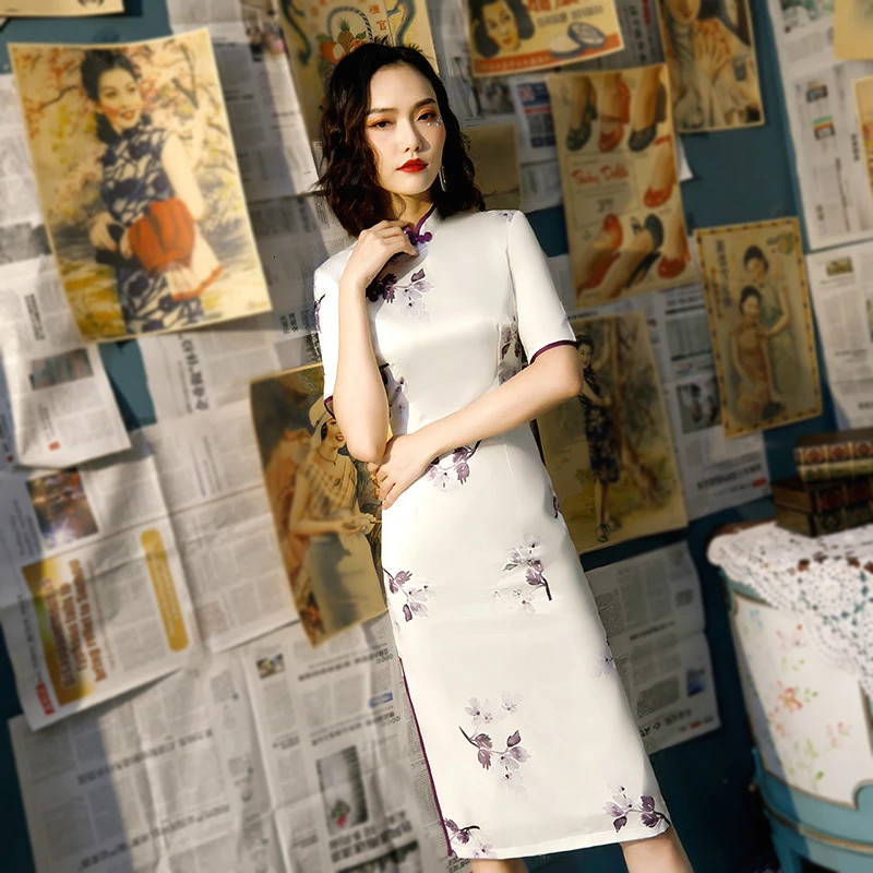 Шэн Коко фиолетовые цветы Qipao печать банкетное платье шелк cheongsam платье Восточный стиль платья леди до колен Qipao