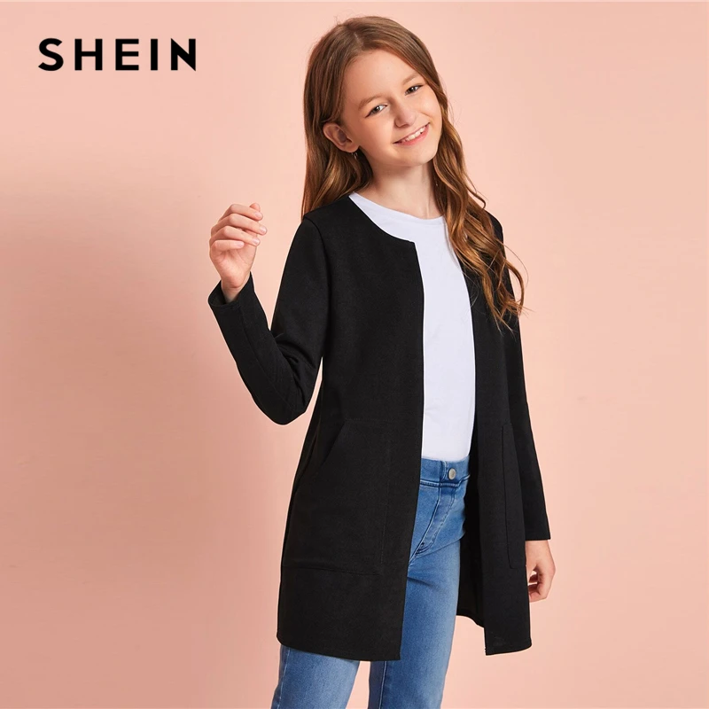 Шеин, детское черное однотонное повседневное пальто с открытой передней частью для девочек, детская верхняя одежда, весеннее детское осеннее пальто с длинными рукавами и двойным карманом