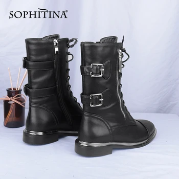 

SOPHITINA Casual Woemn's Boots High Quality Genuine Leather Zipper Lace-Up Low-Heeled Boots Comfortable Ladies Shoes Women C779