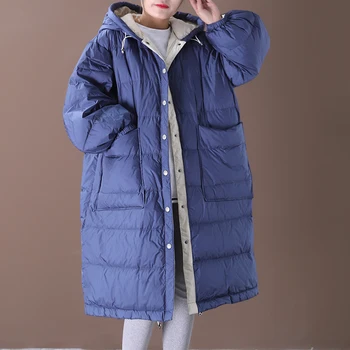 

2020 Winter New Loose and Plus-sized Artistic Pure Color Hooded Single Breasted Long White Duck down Jacket