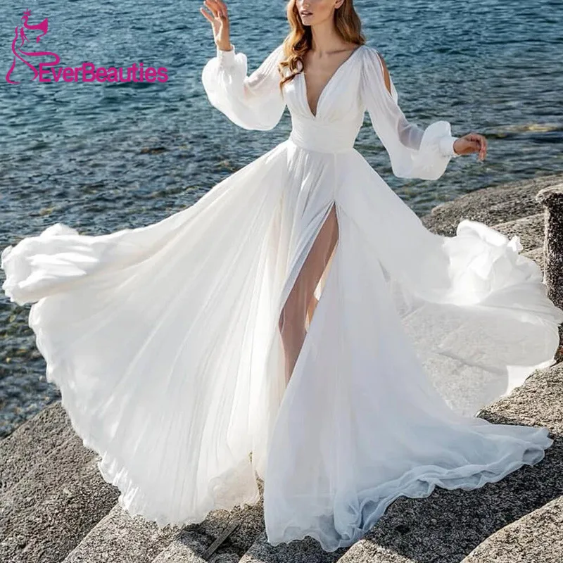

Vestido De Noiva 2020 Simple Chiffon Boho Wedding Dresses V-Neck Robe De Mariee Long Sleeves Bride Dress Side Slit Wedding Gowns