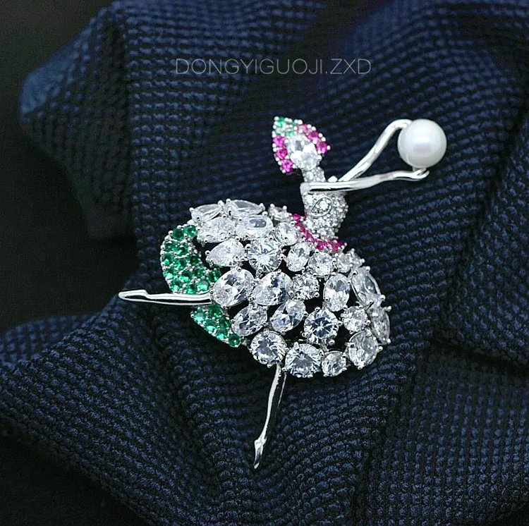 45x56mm Mountain Crystal Silver Plated CZ Micro Dancer Girl With White Pearl Brooch