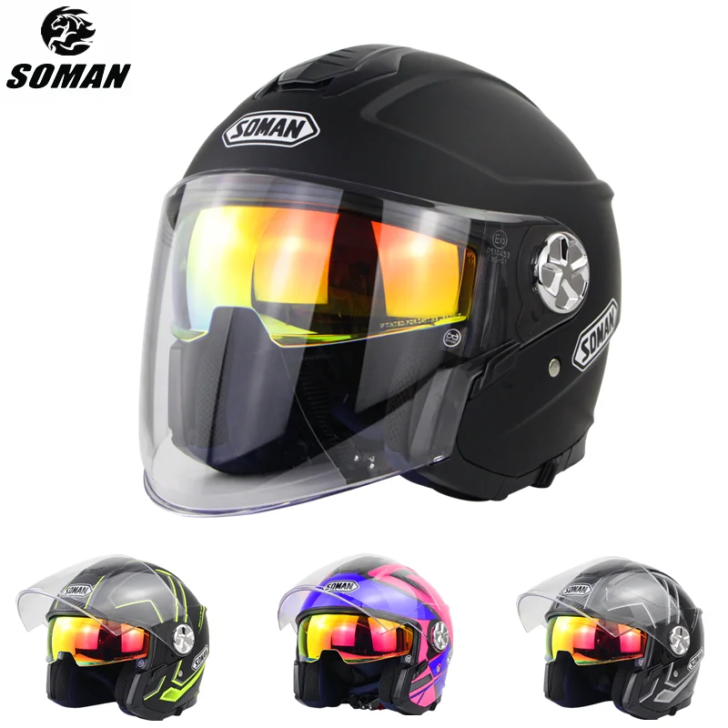 SOMAN Open Face Motorcycle Helmet Dual Lens ECE Casco Moto Electric Bicycle Helmet Men Women Chopper Scooter Helmet Motorcycles