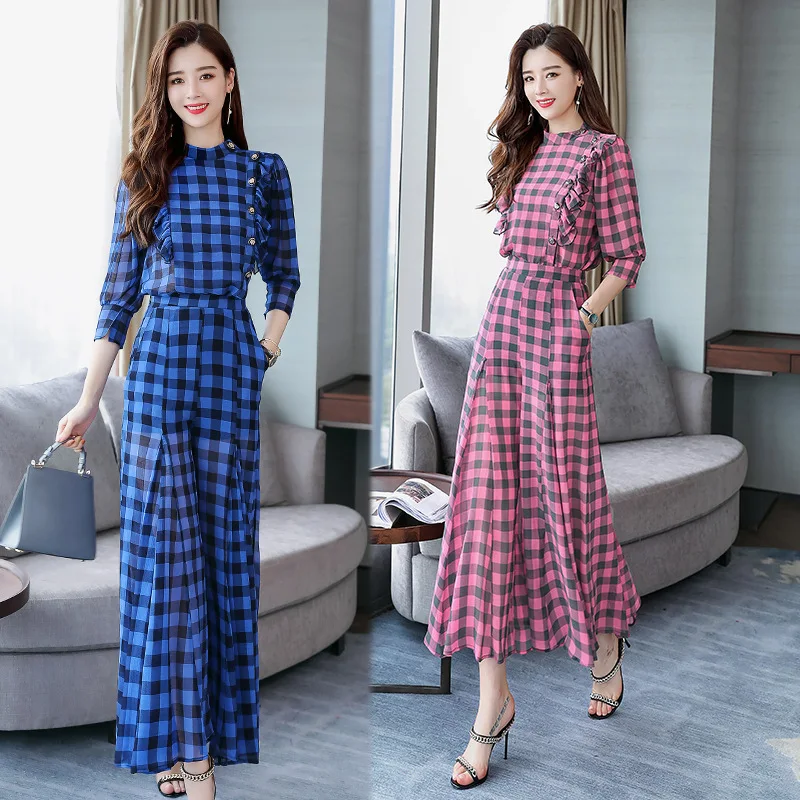 

2019 Spring Half-sleeve Shirt Solid Color Casual Retro Plaid Wide-Leg Trend of Fashion Comfortable Simple Two-Piece Set