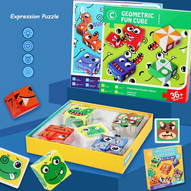 Animals Cube Table Games Educational Toys Kawaii Face Cube Building Blocks Puzzle Interactive Board Game Challenge Kids Gift 3