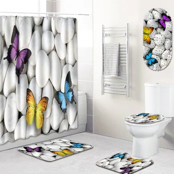 

Bathroom Waterproof Shower Curtain PVC Non-Slip Mats Toilet Cover Five-Piece Door Mat