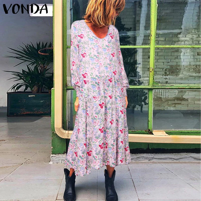 

VONDA Autumn Fashion Women Long Sleeve Dress O Neck Vintage Floral Printed Maxi Dresses Plus Size Party Robe Bohemian Vestidos