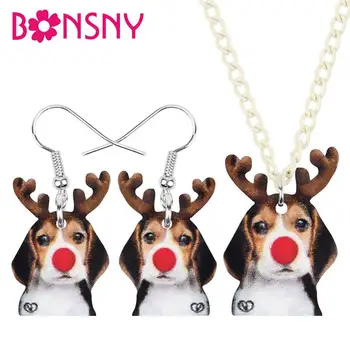 

Bonsny Acrylic Christmas Antlers Beagle Dog Jewelry Set Earrings Necklace Drop Dangle Animal Jewelry For Women Girls Teens Gift