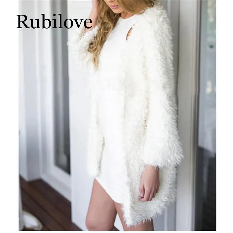 Rubilove женское белое Свободное пальто из искусственного меха с широкой талией и v-образным вырезом, верхняя одежда с длинным рукавом, куртка, пальто, свитер, женская одежда