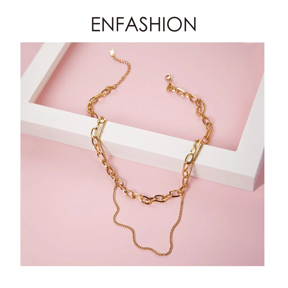 ENFASHION панк чокер с двойной цепочкой ожерелье женское золотого цвета из нержавеющей стали звено цепи ожерелье s Femme модное ювелирное изделие P193034