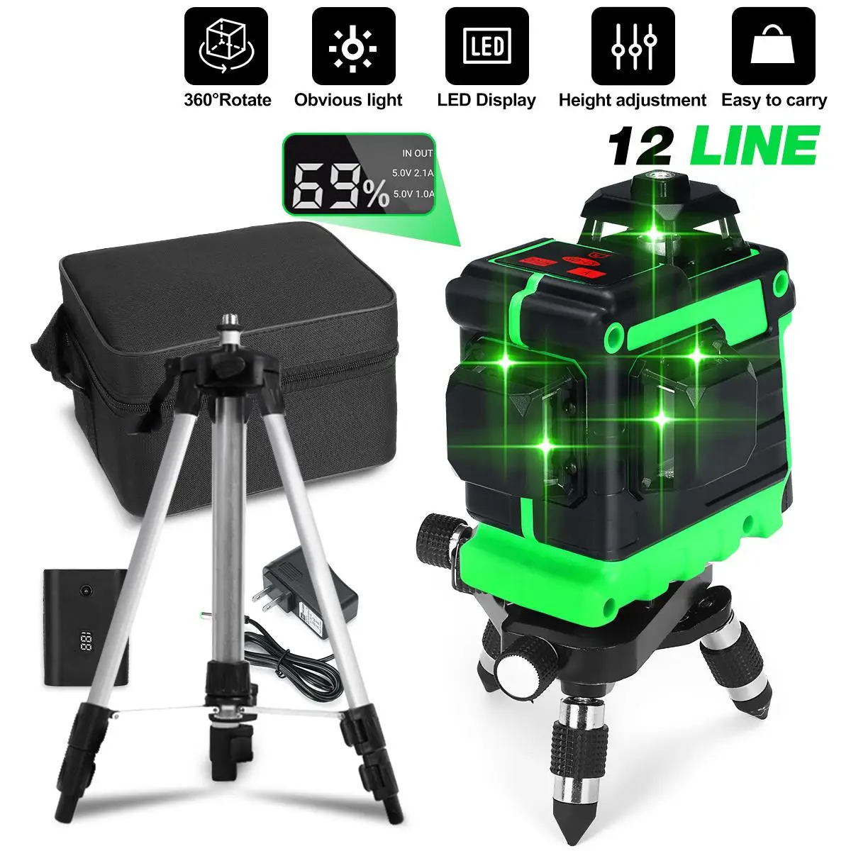 Laser levels 12 Lines 532nm Green Light Horizontal&Vertical Cross Measure Tool 3D 360 Self
