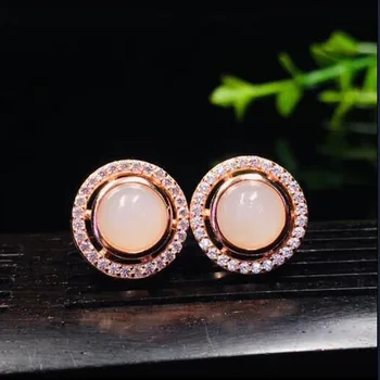 

Real Inlaid Zircon Round Shape Stud Earrings With Natural Hetian White Jade Elegant Earrings Gift