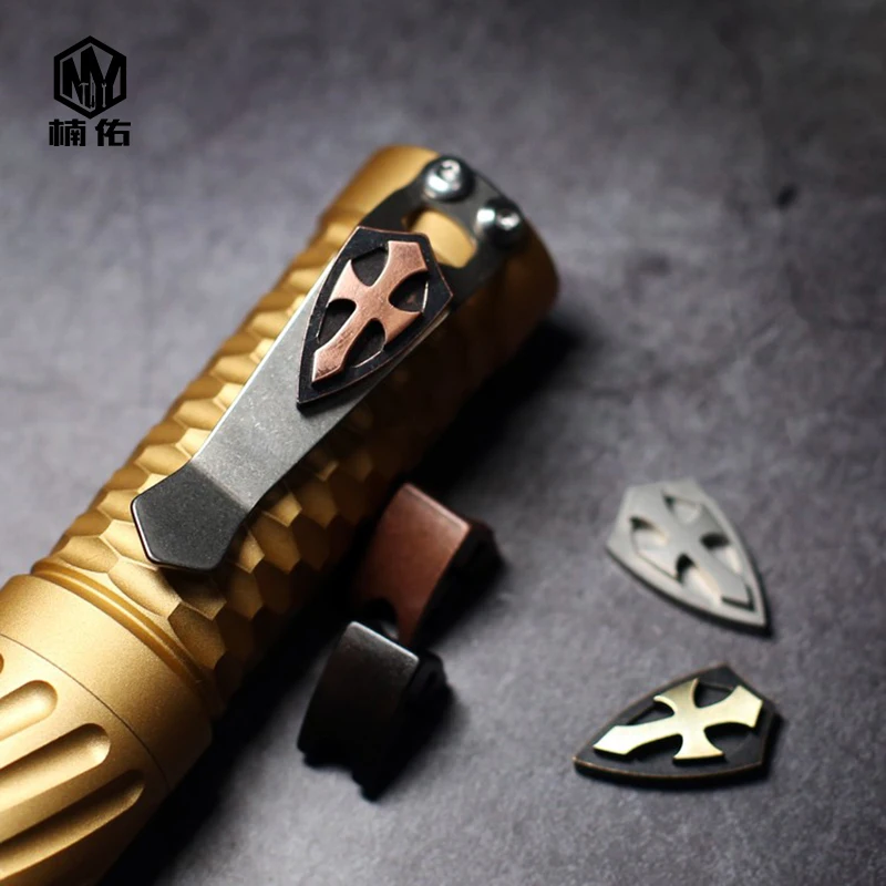 

1PC EDC Titanium Alloy Brass Copper Cross Shield With Screw Flashlight Back Clip Folding Knife Back Clip Pendant Accessories