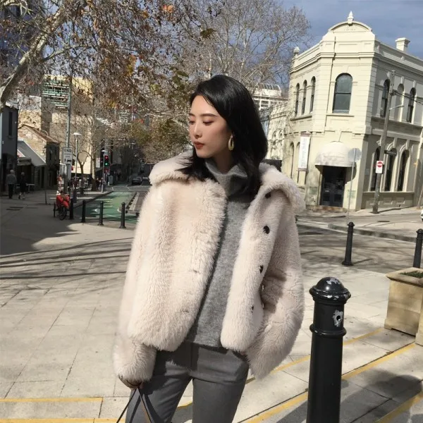 White Корейский стиль, Женское пальто из овечьей шерсти мериноса, двустороннее меховое пальто, осенняя Короткая Меховая куртка с отложным воротником для женщин, Campera Mujer - Цвет: White