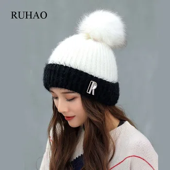 

RUHAO Cap Winter Hat For women Hair Ball Wool Hat Letter R Knitting Warm Hats Knit Ladies Caps Beanie Gorros